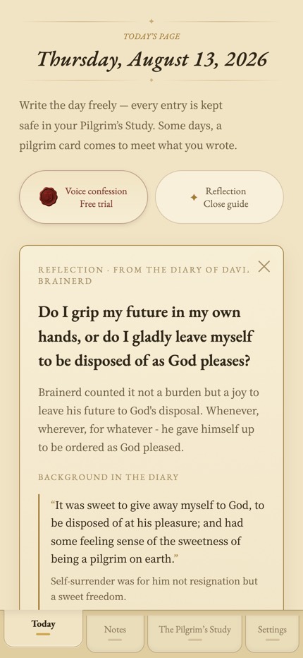 The reflection guide screen, showing a question drawn from Brainerd's diary with commentary and a source footnote.