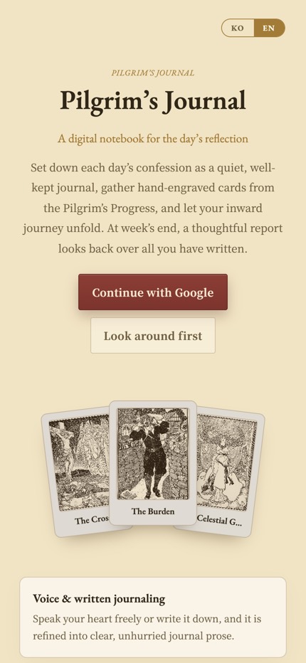 The opening screen of Pilgrim's Journal, with the app name, a short introduction, the sign-in buttons, and three Pilgrim's Progress engraving cards fanned out below.