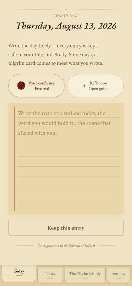 The Today's Page screen, with the date, a voice confession button, a reflection guide button, and a ruled journal page.
